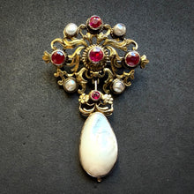 Load image into Gallery viewer, Neo-Renaissance silver brooch ruby pearl mother of pearl floral old antique c. 1870 S
