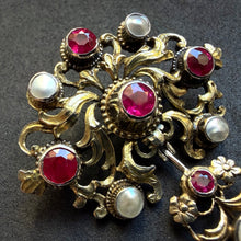 Load image into Gallery viewer, Neo-Renaissance silver brooch ruby pearl mother of pearl floral old antique c. 1870 S