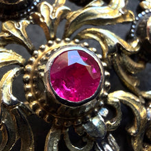 Load image into Gallery viewer, Neo-Renaissance silver brooch ruby pearl mother of pearl floral old antique c. 1870 S