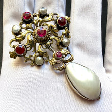 Load image into Gallery viewer, Neo-Renaissance silver brooch ruby pearl mother of pearl floral old antique c. 1870 S