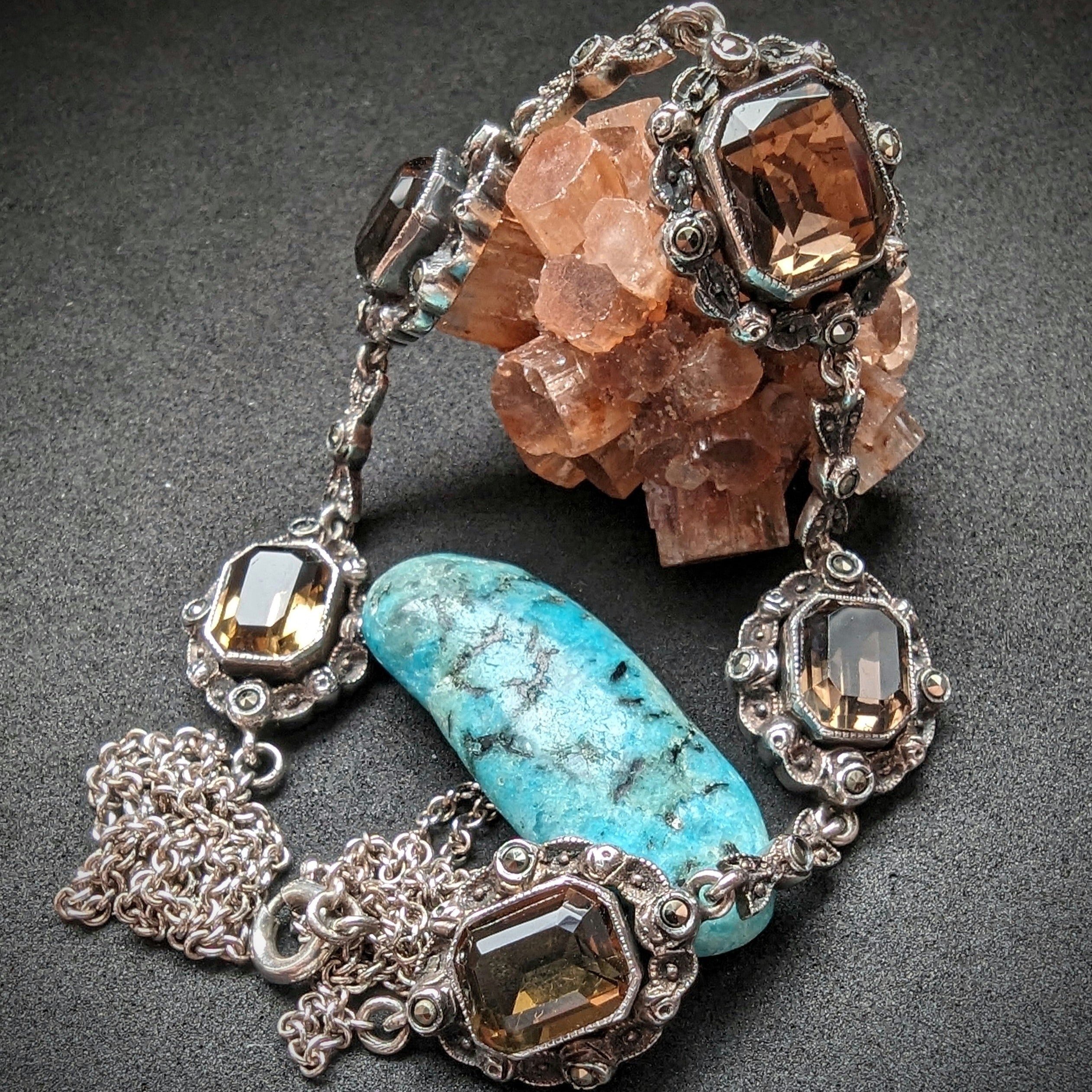 Antique Art Nouveau Art Deco necklace 935 silver smoky quartz marcasit monacovintage