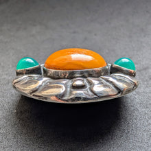 Lade das Bild in den Galerie-Viewer, Georg Jensen Jugendstil Brosche 49 Bernstein Chrysopras 928 Silber 1909 - 1914 S