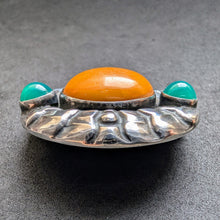 Lade das Bild in den Galerie-Viewer, Georg Jensen Jugendstil Brosche 49 Bernstein Chrysopras 928 Silber 1909 - 1914 S