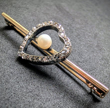 Lade das Bild in den Galerie-Viewer, Antike Brosche Gold 585 14k Silber Diamant Diamantrosen Perle Herz alt c. 1900 S