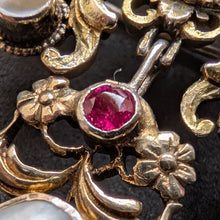 Lade das Bild in den Galerie-Viewer, Neorenaissance Silber Brosche Rubin Perle Perlmutt floral alt antik c. 1870 S