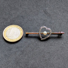 Lade das Bild in den Galerie-Viewer, Antike Brosche Gold 585 14k Silber Diamant Diamantrosen Perle Herz alt c. 1900 S