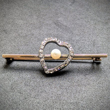 Lade das Bild in den Galerie-Viewer, Antike Brosche Gold 585 14k Silber Diamant Diamantrosen Perle Herz alt c. 1900 S