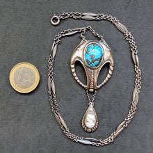 Lade das Bild in den Galerie-Viewer, Jugendstil Collier Türkis Gemme 800 Silber mit Kette alt antik c. 1900