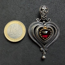 Load image into Gallery viewer, Vintage Herz Anhänger Granat 835 Silber vergoldet Liebe Tracht
