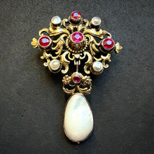 Load image into Gallery viewer, Neo-Renaissance silver brooch ruby pearl mother of pearl floral old antique c. 1870 S
