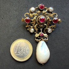 Load image into Gallery viewer, Neo-Renaissance silver brooch ruby pearl mother of pearl floral old antique c. 1870 S
