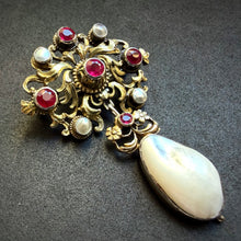 Load image into Gallery viewer, Neo-Renaissance silver brooch ruby pearl mother of pearl floral old antique c. 1870 S
