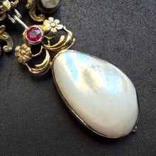 Load image into Gallery viewer, Neo-Renaissance silver brooch ruby pearl mother of pearl floral old antique c. 1870 S

