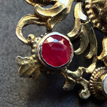Load image into Gallery viewer, Neo-Renaissance silver brooch ruby pearl mother of pearl floral old antique c. 1870 S
