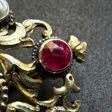 Load image into Gallery viewer, Neo-Renaissance silver brooch ruby pearl mother of pearl floral old antique c. 1870 S
