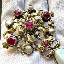 Load image into Gallery viewer, Neo-Renaissance silver brooch ruby pearl mother of pearl floral old antique c. 1870 S
