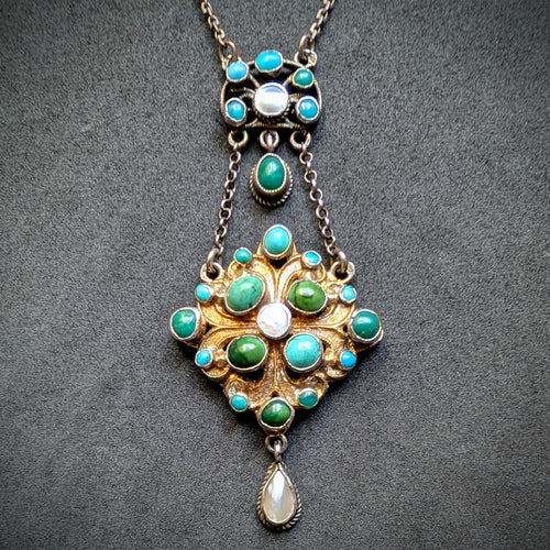 Neorenaissance Collier Türkis Perlmutt 750 Silber Österreich alt antik c. 1890 S