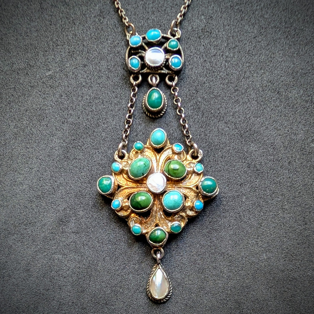 Neorenaissance Collier Türkis Perlmutt 750 Silber Österreich alt antik c. 1890 S