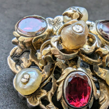 Load image into Gallery viewer, Button brooch min. 750 silver almandine garnet natural pearl old antique c. 1800S
