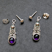 Lade das Bild in den Galerie-Viewer, Vintage Designer Ohrringe 835 Silber lila Amethyst floral Blumen alt S
