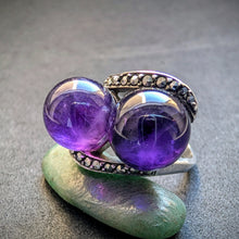 Lade das Bild in den Galerie-Viewer, Art Deco Ring 835 Silber Amethyst Kugeln Markasit alt antik c. 1920 RG 58 S
