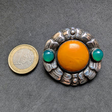 Lade das Bild in den Galerie-Viewer, Georg Jensen Jugendstil Brosche 49 Bernstein Chrysopras 928 Silber 1909 - 1914 S

