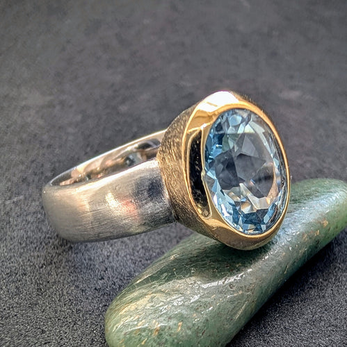 Designer Ring Aquamarin blau 925 Silber Goldfassung modern RG 58 S