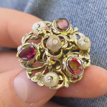 Load and play video in Gallery viewer, Button brooch min. 750 silver almandine garnet natural pearl old antique c. 1800S
