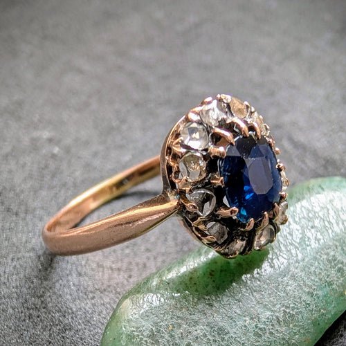 Entourage Ring 14k 585 Gold blauer Saphir Diamant alt antik c. 1900 RG 55 S