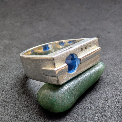 Designer Ring Moser & Pfeil Pforzheim 925 Silber blauer Saphir modern RG 56 S