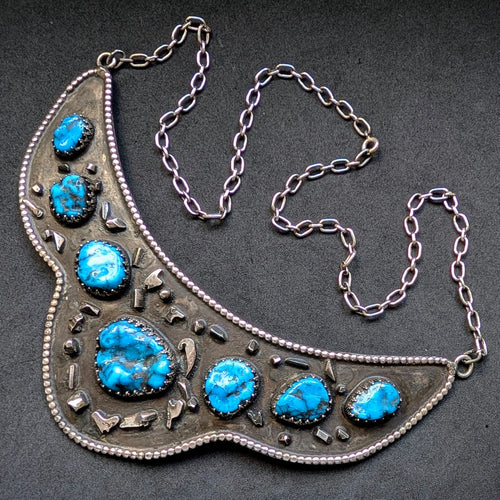 Vintage Navajo Designer Collier Kette Silber Türkis XL Silberschmiedearbeit S