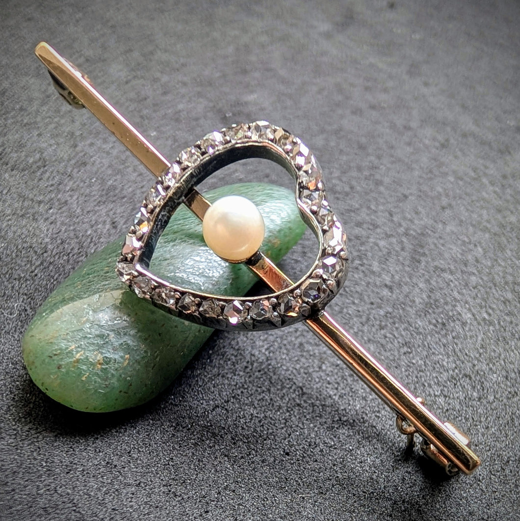 Antike Brosche Gold 585 14k Silber Diamant Diamantrosen Perle Herz alt c. 1900 S