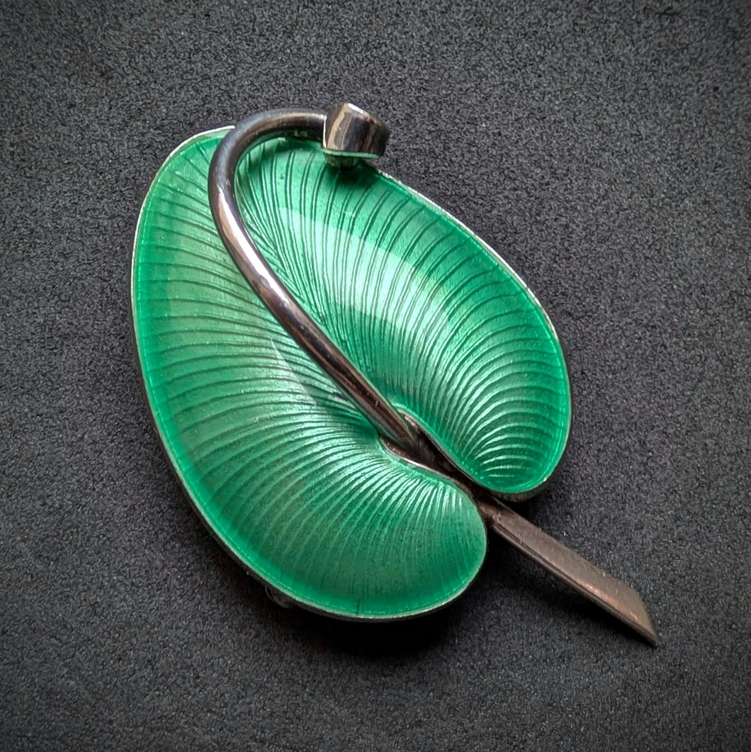 Vintage Emaille Blatt Brosche Volmer Bahner Denmark VB Sterling Silber 925 alt S