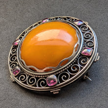 Lade das Bild in den Galerie-Viewer, Jugendstil Art Deco Brosche 800 Silber Butterscotch Bernstein antik c. 1920 S
