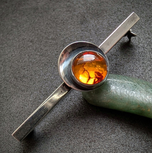 Vintage Brosche NE From Denmark 925 Silber Bernstein Silberschmiedearbeit alt S