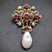 Load image into Gallery viewer, Neorenaissance Silber Brosche Rubin Perle Perlmutt floral alt antik c. 1870 S
