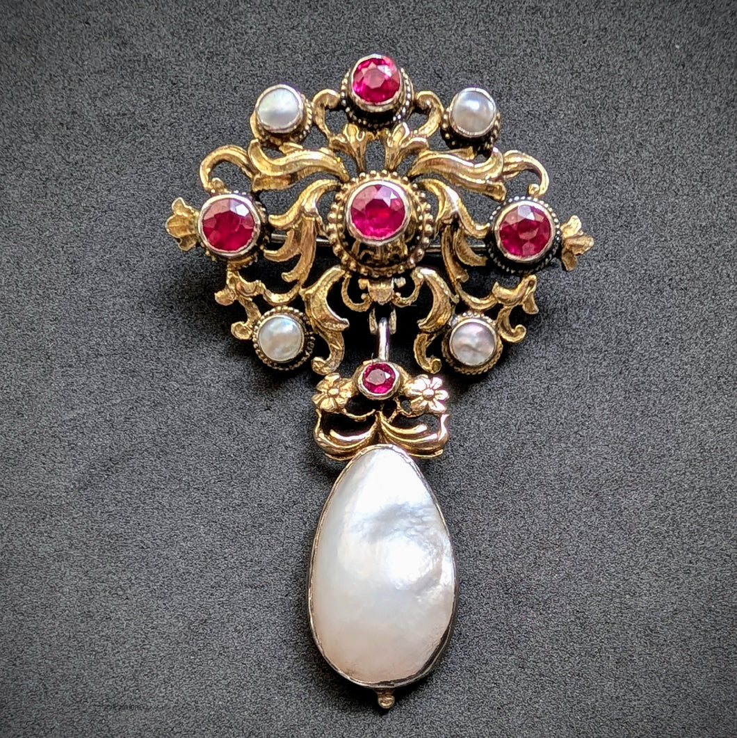 Neorenaissance Silber Brosche Rubin Perle Perlmutt floral alt antik c. 1870 S