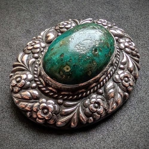 Jugendstil Brosche 900 Silber Chrysokoll Handarbeit alt antik c. 1920 S