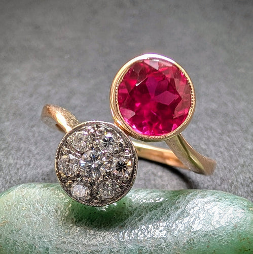 Art Deco Ring Toi et Moi 585 Gold Diamant Rubin alt antik c. 1920 RG 52 S