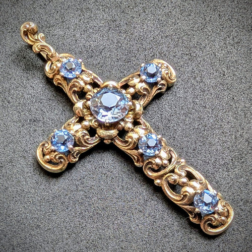 Jugendstil Kreuz Anhänger 835 Silber blau Spinell aquamarinblau antik c. 1920 S