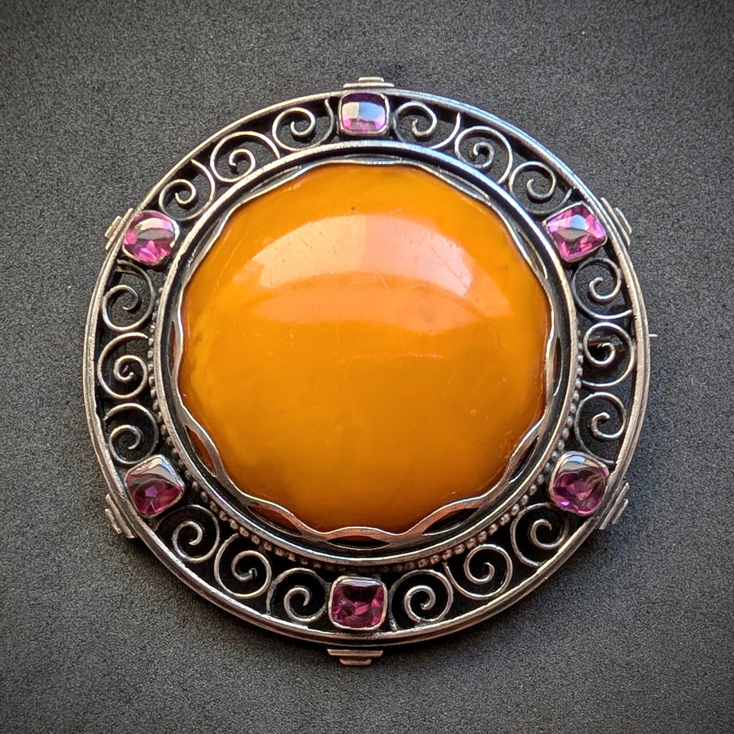 Jugendstil Art Deco Brosche 800 Silber Butterscotch Bernstein antik c. 1920 S